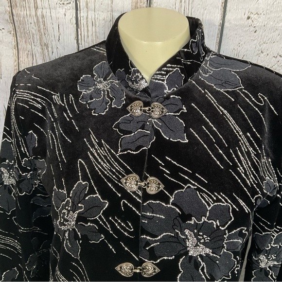 NWT Vintage JBS LTD Velvet & Silver Glitter Flowers Asian Style Tunic Top - Picture 2 of 9
